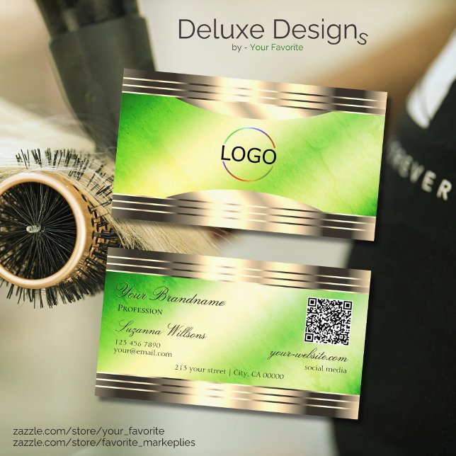 Luminous Green Marble Gold Borders Logo QR Code Business Card (Creator Uploaded)