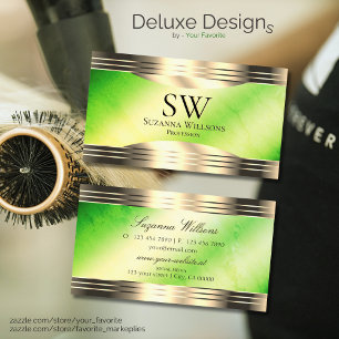 Luminous Green Marble Gold Borders with Monogram Business Card