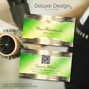 Luminous Green Marble Gold Borders with QR Code Business Card