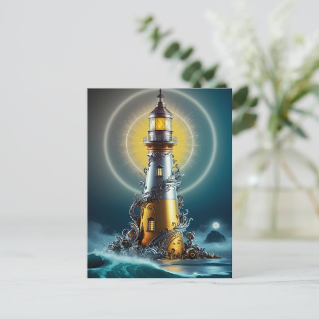 Luminous Lighthouse Amidst Waves Postcard (Standing Front)