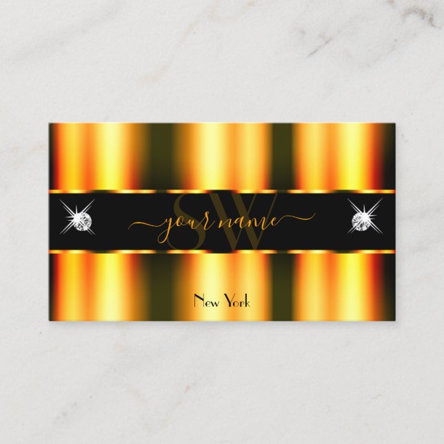 Luminous Orange Black Sparkling Diamonds Initials Business Card (Front)