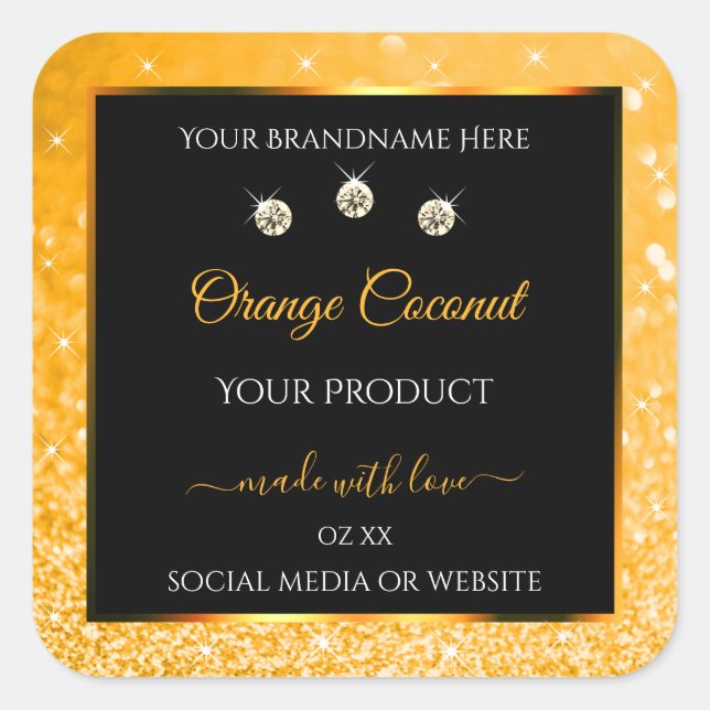 Luminous Orange Glitter Stars Black Product Labels (Front)