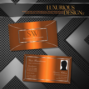 Luminous Orange Silver Decor with Monogram & Photo Business Card