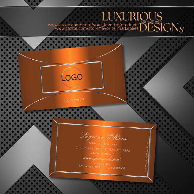 Luminous Orange with Silver Decor and Logo Modern Business Card (Creator Uploaded)