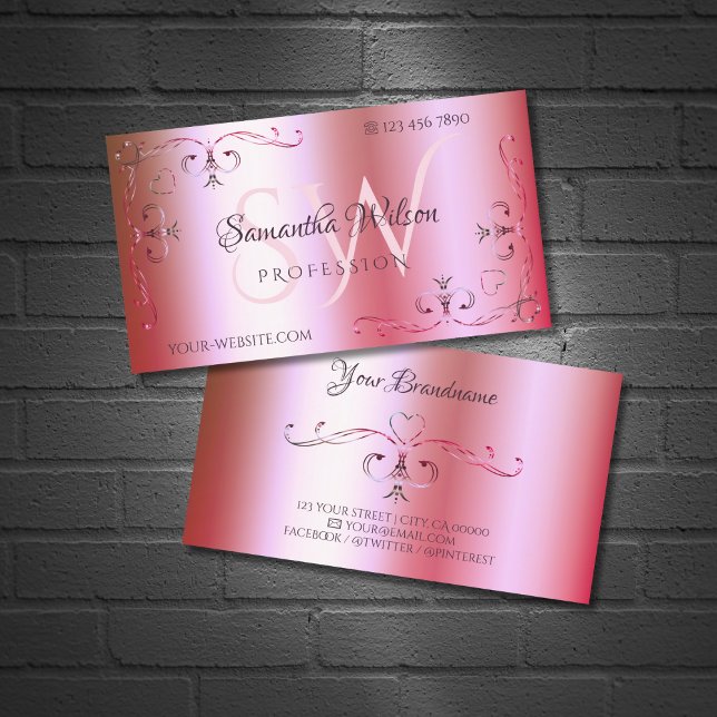 Luminous Pink Green Colour Gradient Ornate Initial Business Card (Creator Uploaded)