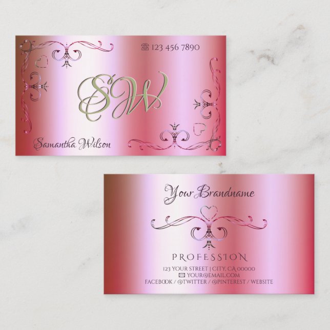 Luminous Pink Green Colour Gradient Ornate Initial Business Card (Front/Back)