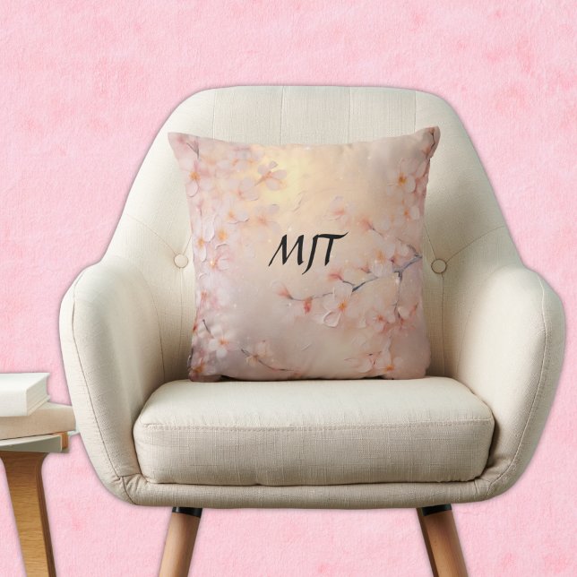 Luminous Sakura Cherry Blossom Branches Monogram Throw Pillow (Creator Uploaded)
