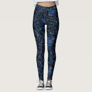Luminous scattered plants outlines.Blue Black BG Leggings