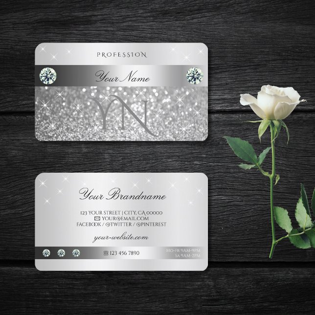 Luminous Silver Glitter Sparkling Stars Monogram Business Card (Creator Uploaded)