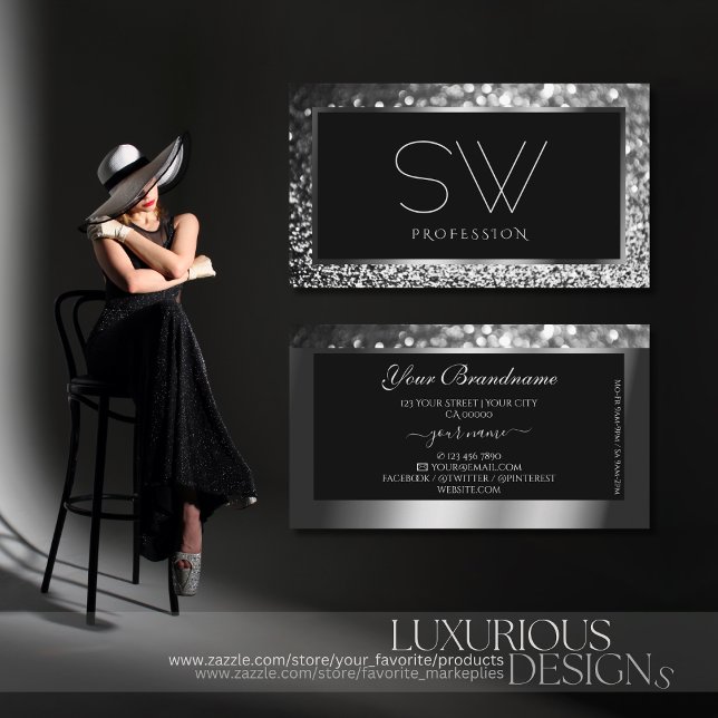 Luminous Silver Sparkle Glitter Monogram Black Business Card (Creator Uploaded)