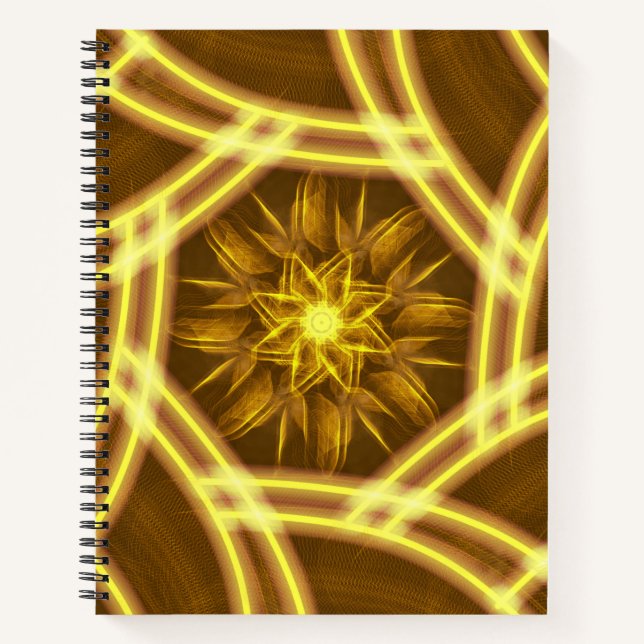 Luminous Star Portal – Symmetrical Golden Fractal Notebook (Front)