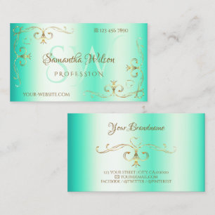 Luminous Teal Golden Ornate Corner Border Initials Business Card
