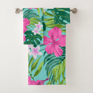 Luna Hibiscus Garden Hawaiian - Pink and Turq Bath Towel Set