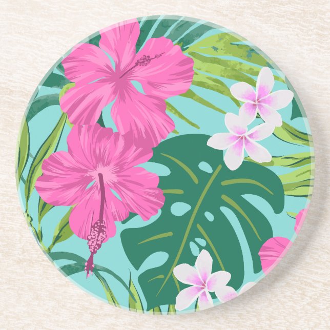 Luna Hibiscus Garden Hawaiian - Pink and Turq Coaster (Front)