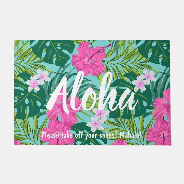 Luna Hibiscus Garden Hawaiian - Pink and Turq Doormat (Front)