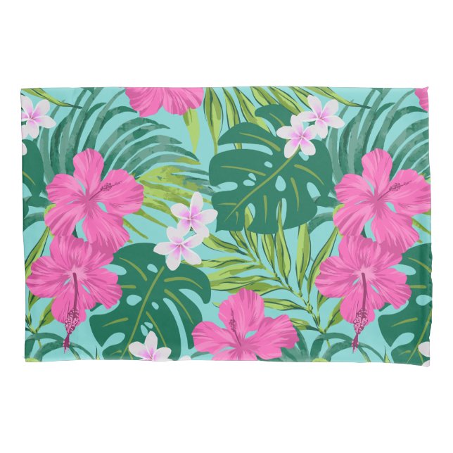Luna Hibiscus Garden Hawaiian - Pink and Turq Pillowcase (Front)