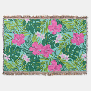 Luna Hibiscus Garden Hawaiian - Pink and Turq Throw Blanket