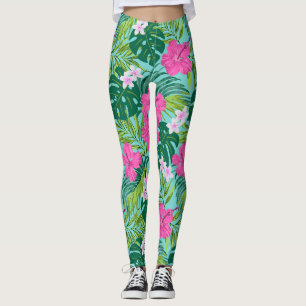 Luna Hibiscus Garden Hawaiian - Pink and Turquoise Leggings