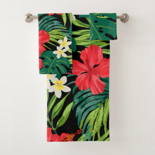 Luna Hibiscus Garden Hawaiian - red and Black Bath Towel Set