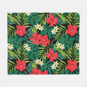 Luna Hibiscus Garden Hawaiian - Red and Black Fleece Blanket