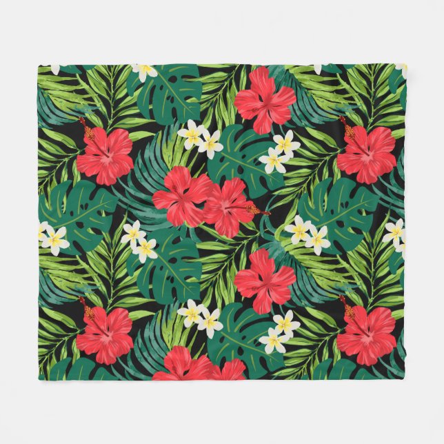 Luna Hibiscus Garden Hawaiian - Red and Black Fleece Blanket (Front (Horizontal))
