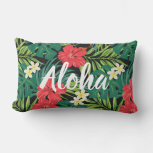 Luna Hibiscus Garden Hawaiian - Red and Black Lumbar Pillow