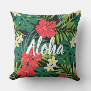 Luna Hibiscus Garden Hawaiian - Red and Black Outdoor Pillow