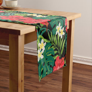 Luna Hibiscus Garden Hawaiian - Red and Black Short Table Runner