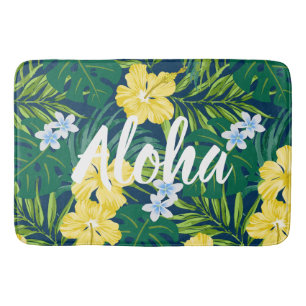 Luna Hibiscus Garden Hawaiian - Yellow and Navy Bath Mat