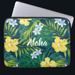 Luna Hibiscus Garden Hawaiian -Yellow and Navy Laptop Sleeve<br><div class="desc">Yellow, Evergreen, Lime, Blue and Navy Colorway. Hibiscus and plumeria flowers dance over a backdrop of monstera and palms leaves. These flowers are commonly used in apparel for aloha shirt and muu muus creating a design reminiscent of the Hawaiian prints of the 50s and 60s. Customize the word- keep Aloha...</div>