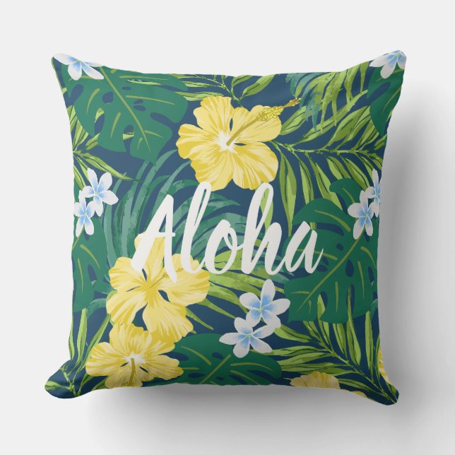 Luna Hibiscus Garden Hawaiian - Yellow and Navy Outdoor Pillow (Front)