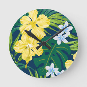 Luna Hibiscus Garden Hawaiian - Yellow and Navy Round Clock