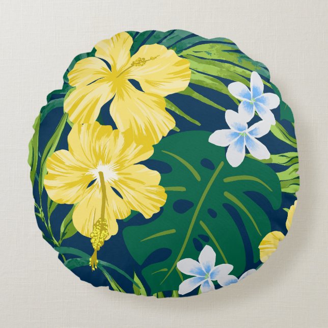 Luna Hibiscus Garden Hawaiian - Yellow and Navy Round Pillow (Front)