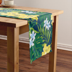 Luna Hibiscus Garden Hawaiian - Yellow and Navy Short Table Runner