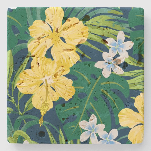 Luna Hibiscus Garden Hawaiian - Yellow and Navy Stone Coaster (Front)