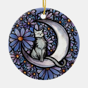Luna Moon Cat Purple Daisy                         Ceramic Ornament