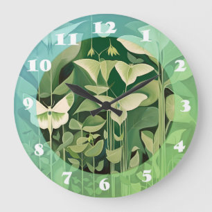 Luna Moth and flowers - Green and Cream Large Clock