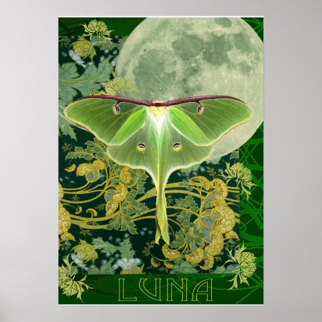 Luna Moth and Moon Poster, Green Nature Collage Poster (Front)