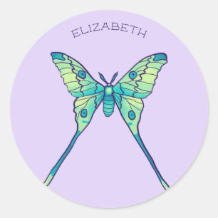 Luna moth butterfly insect green purple name classic round sticker