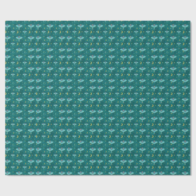 Luna Moth Celestial Moons & Stars Teal Wrapping Paper (Flat)