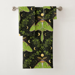 Luna moth, moon phases and ivy damask 2 bath towel set