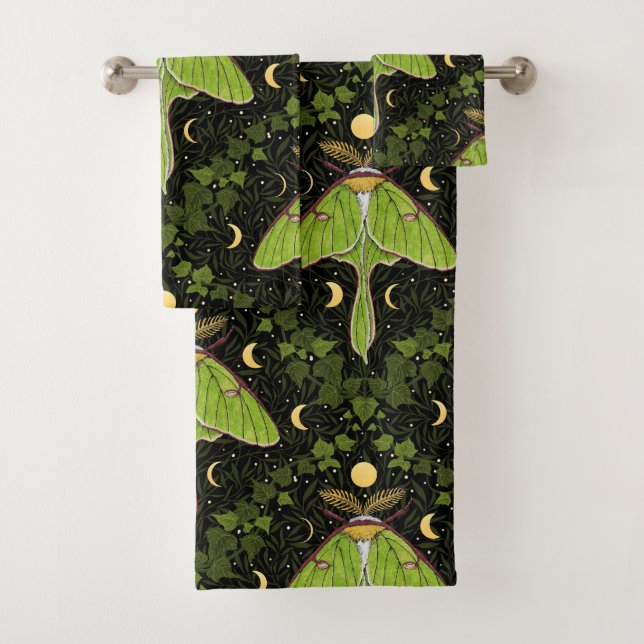 Luna moth, moon phases and ivy damask 2 bath towel set (Insitu)