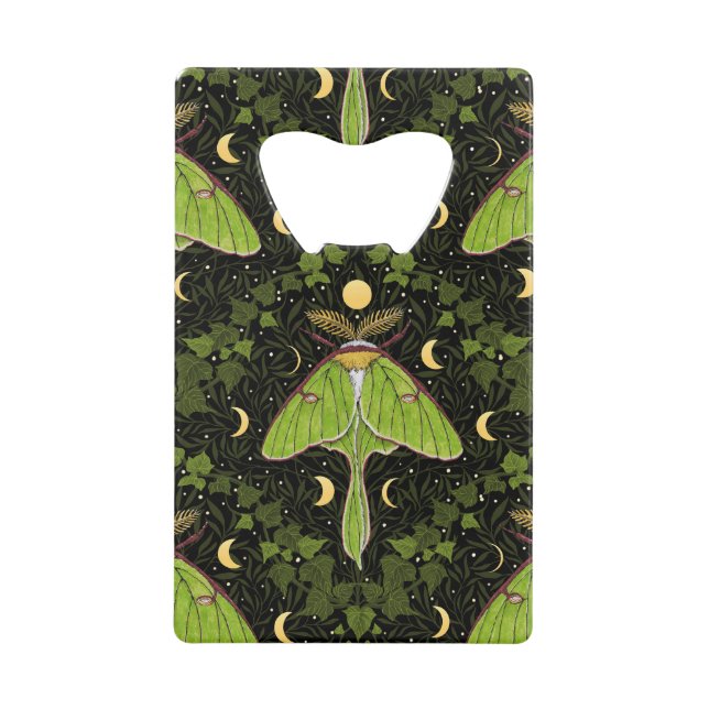 Luna moth, moon phases and ivy damask 2 credit card bottle opener (Front)