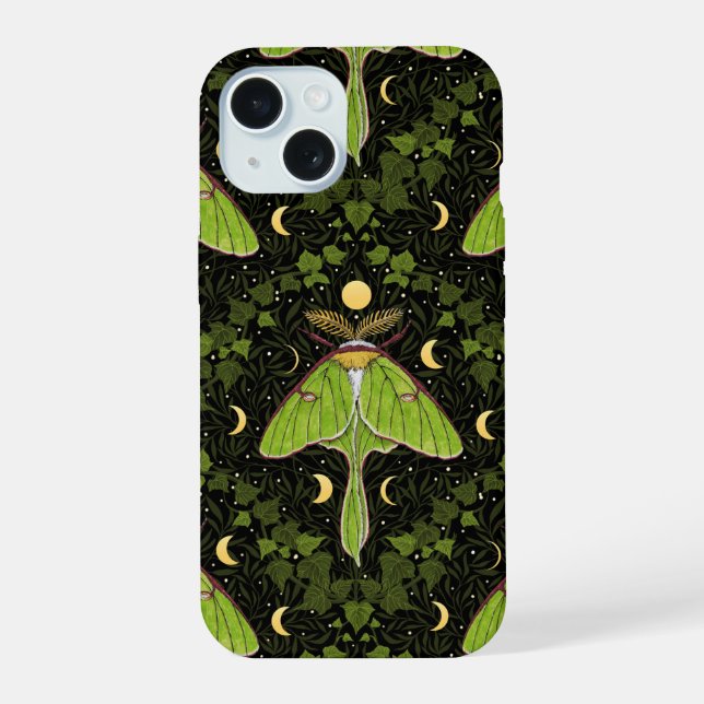 Luna moth, moon phases and ivy damask 2 iPhone 15 case (Back)