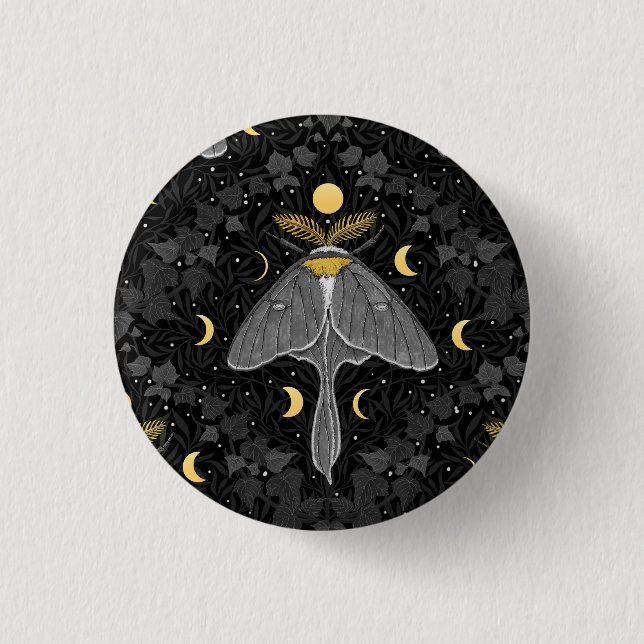 Luna moth, moon phases and ivy damask pattern 1 inch round button (Front)