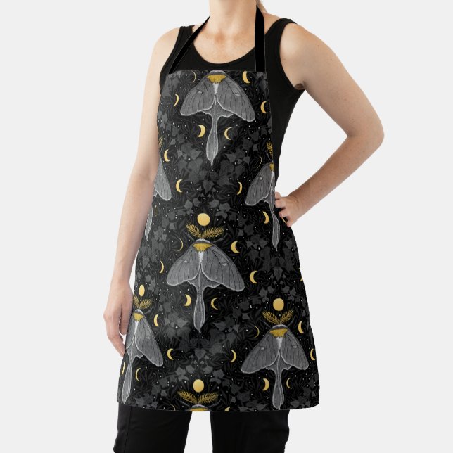 Luna moth, moon phases and ivy damask pattern apron (Insitu)