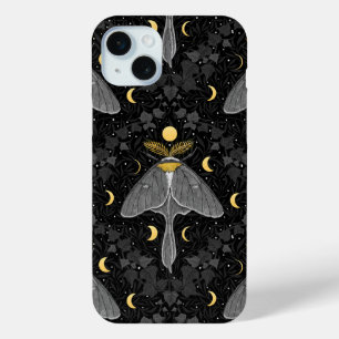 Luna moth, moon phases and ivy damask pattern iPhone 15 mini case