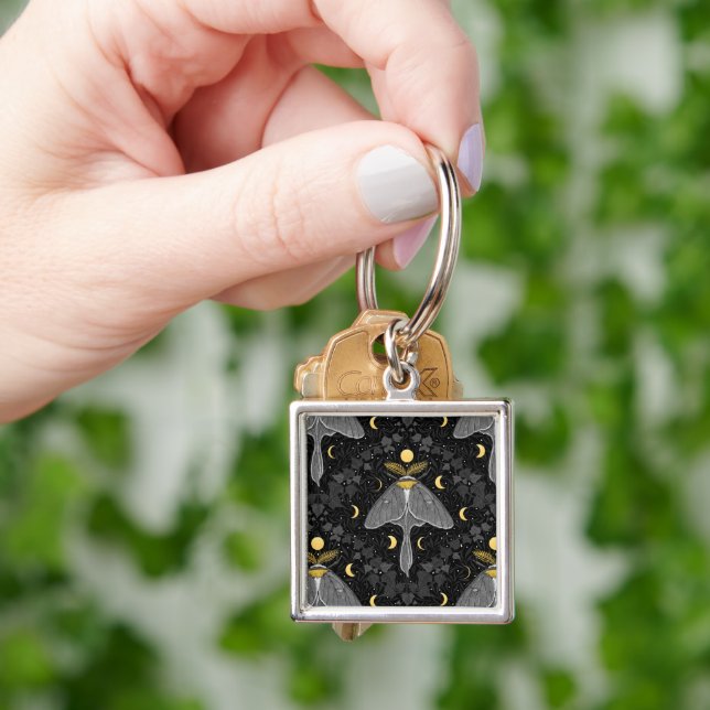 Luna moth, moon phases and ivy damask pattern keychain (Hand)