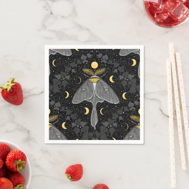 Luna moth, moon phases and ivy damask pattern napkin (Insitu)