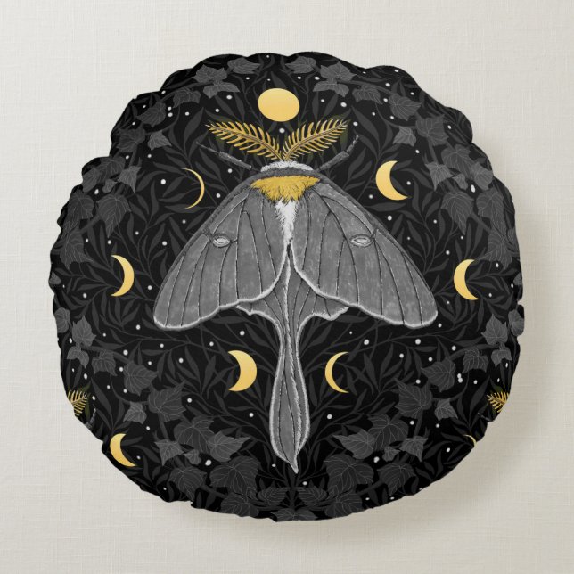 Luna moth, moon phases and ivy damask pattern round pillow (Front)